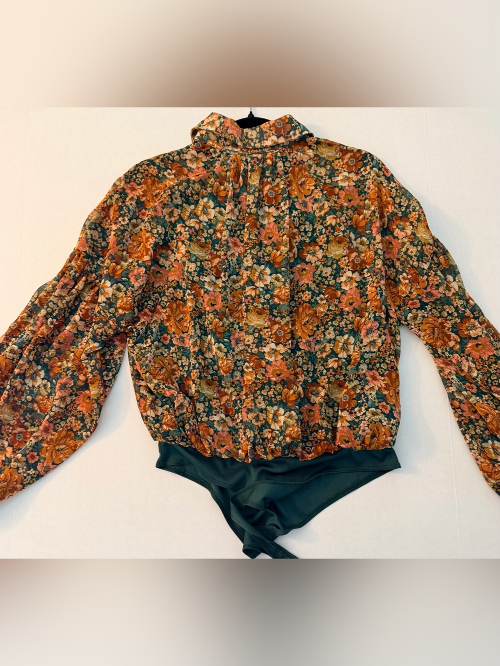 Sadie & Sage Earthy Floral Lame Stripe Button Down LongSleeve Bodysuit Blouse XS - Picture 5 of 12